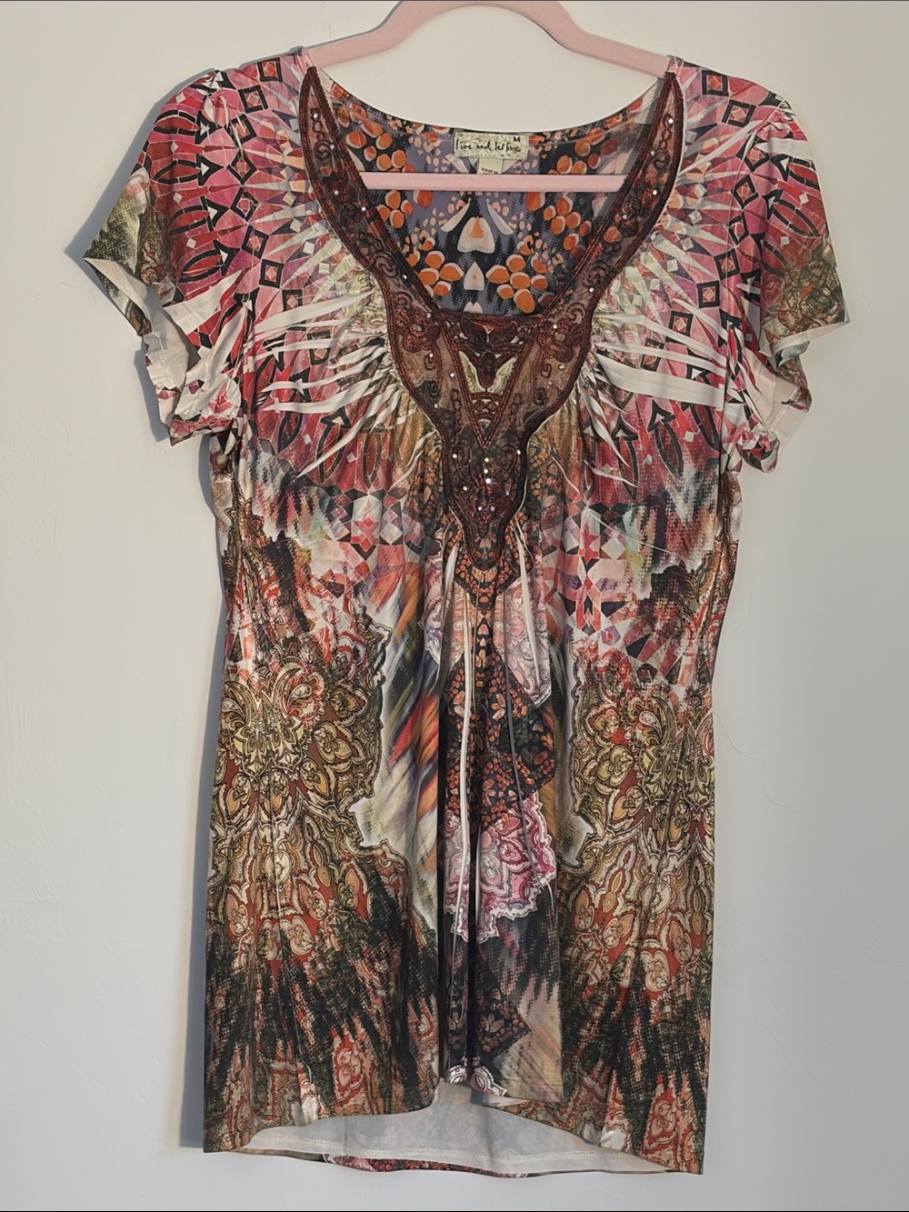 live and let live Multicolor Pink Red and Brown Scoop-Neck Short Sleeve Top